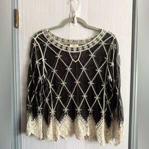 Ember Black & Cream Lace Embroidered Sheer Top | Size M